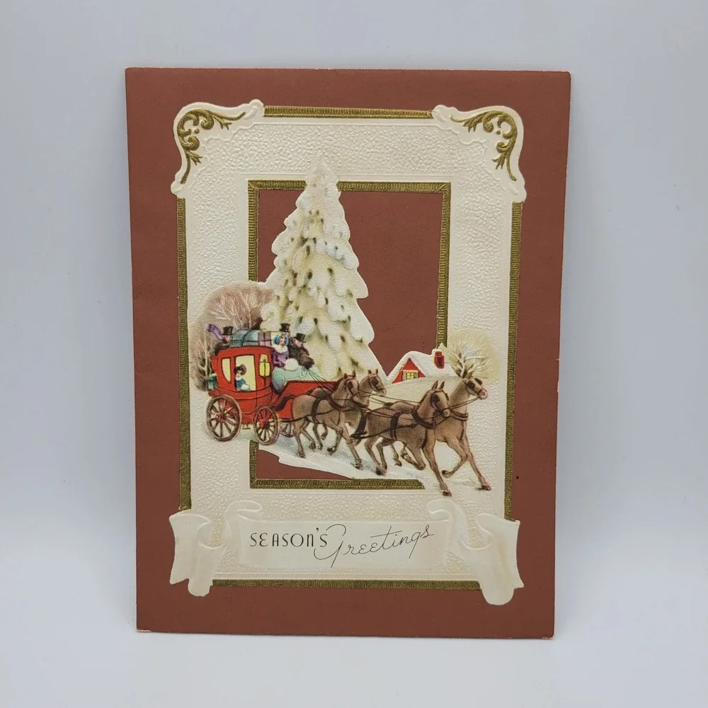 Vintage Seasons Greetings Card Horse Drawn Carriage Christmas Tree‎ Signed